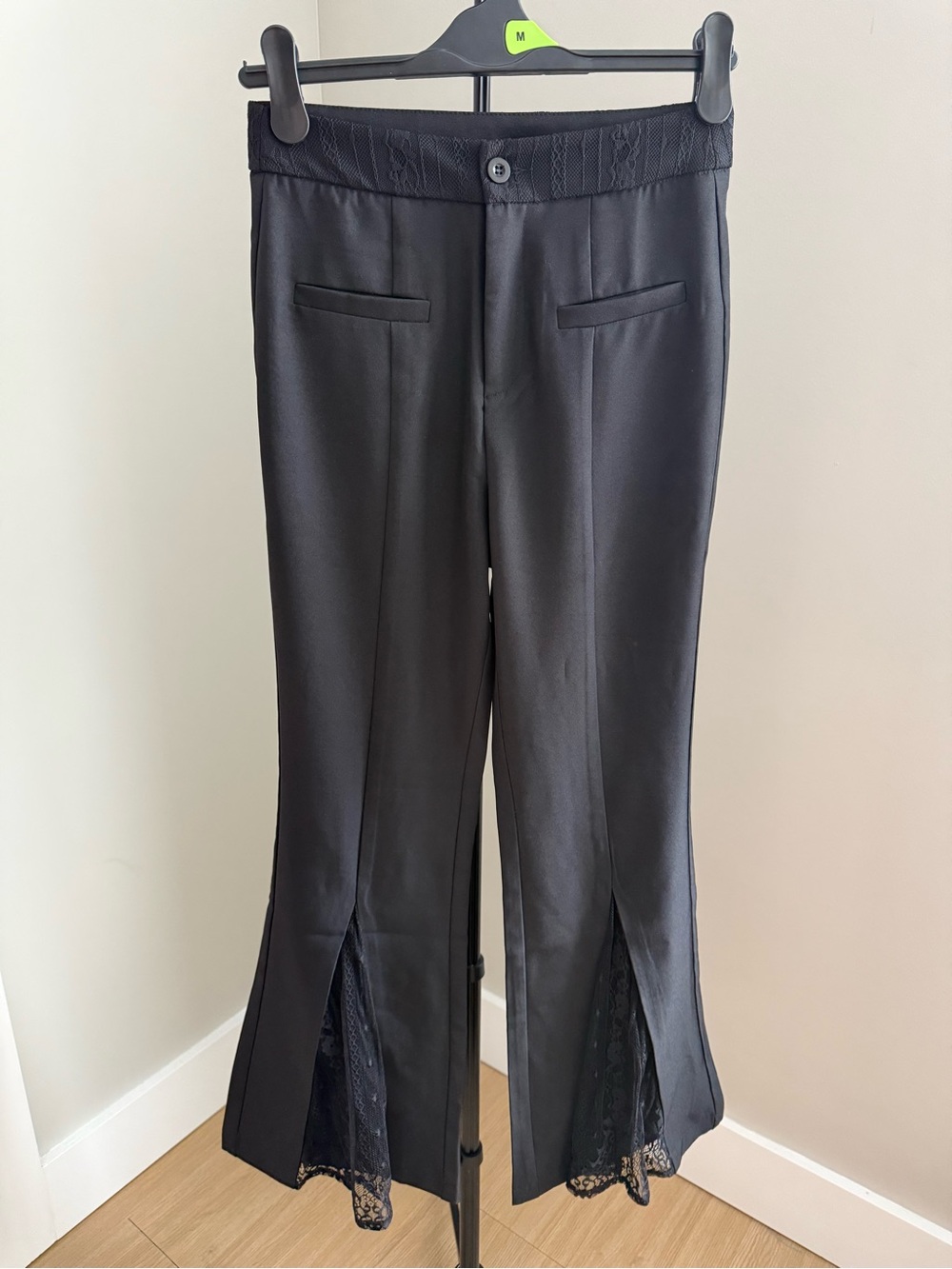 Black Wide-Leg Lace-Inset Pants for Women